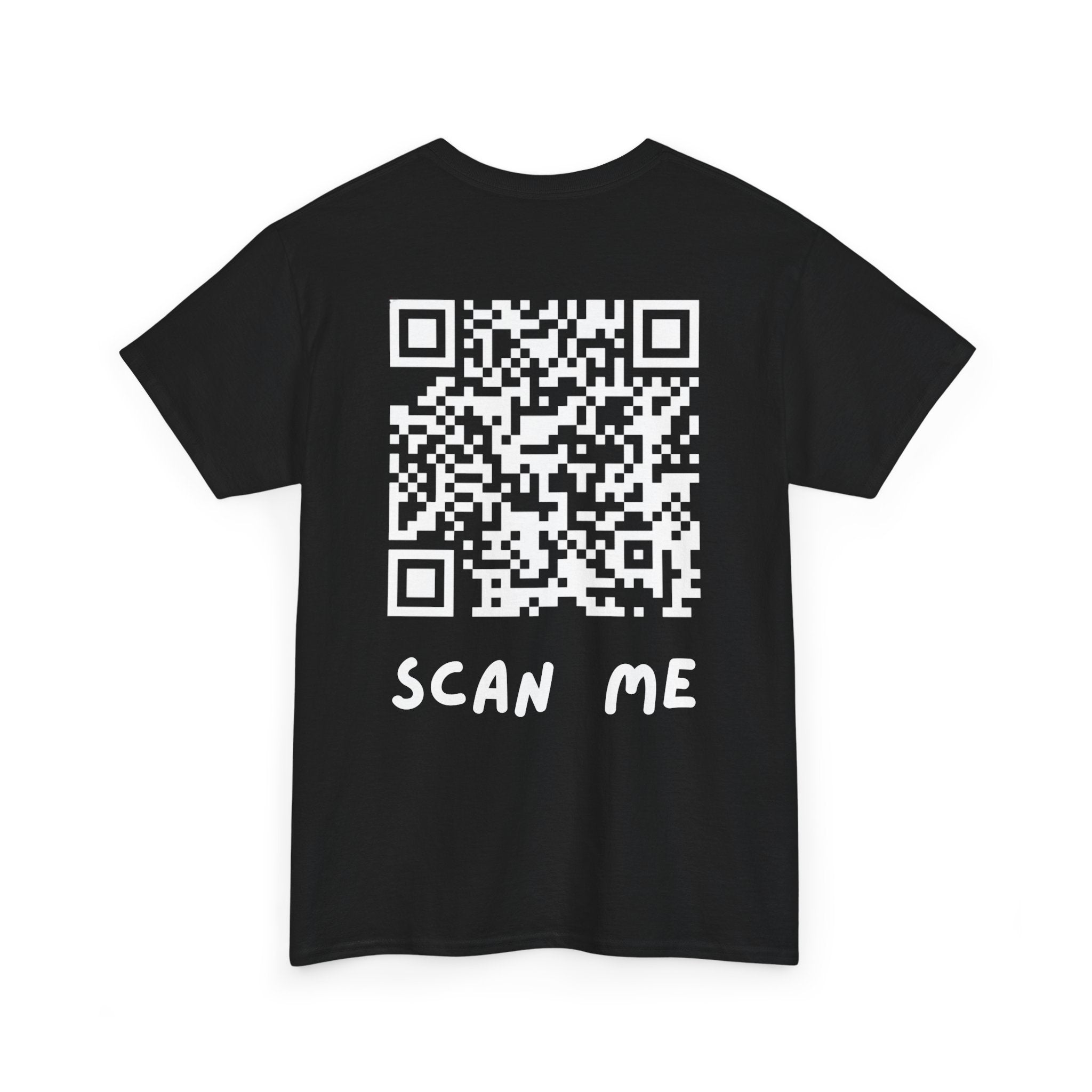 Black t-shirt with a QR code and 'SCAN ME' text