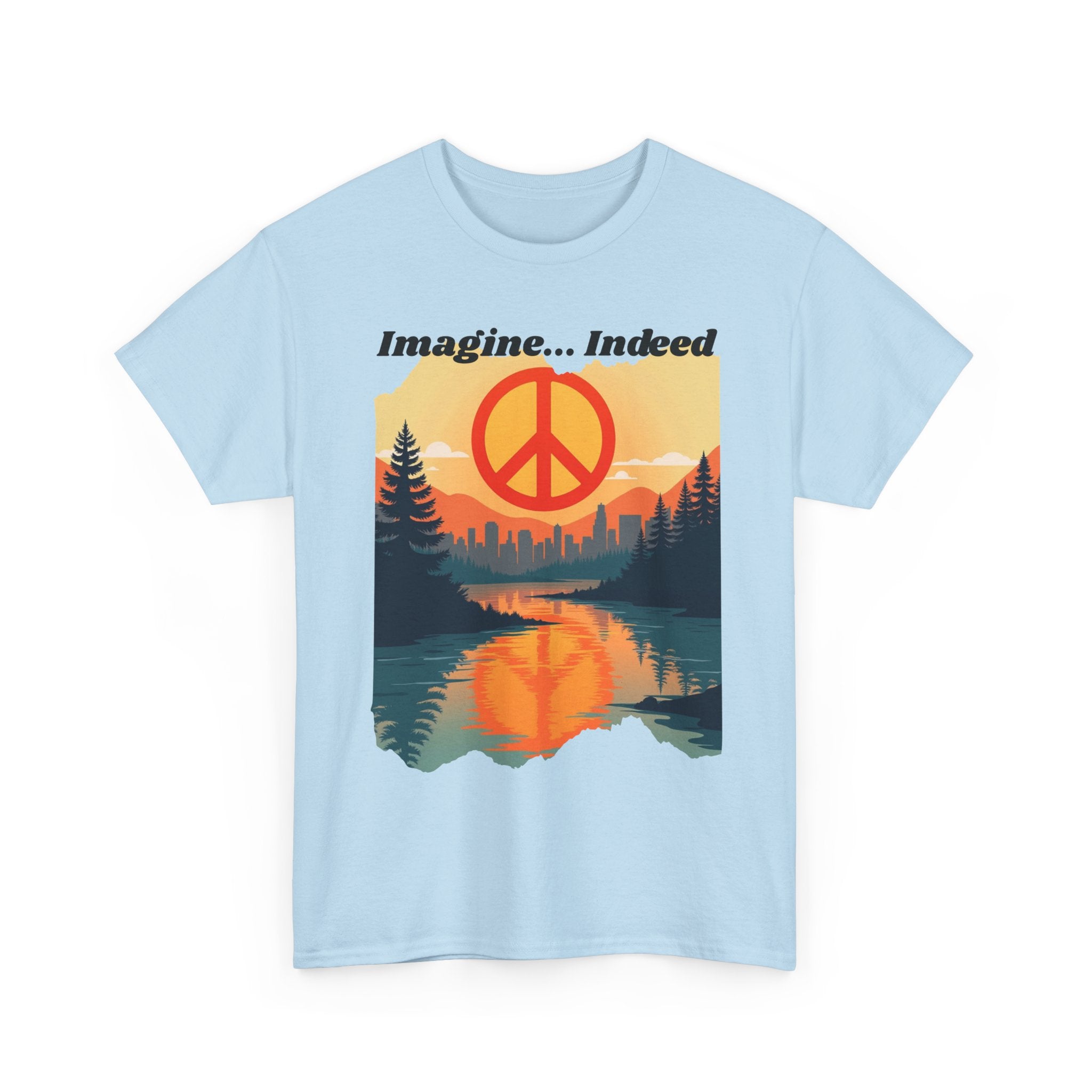 Imagine… Indeed Peace T-Shirt | Sunrise Cityscape & Mountains Tee 🌅✌️