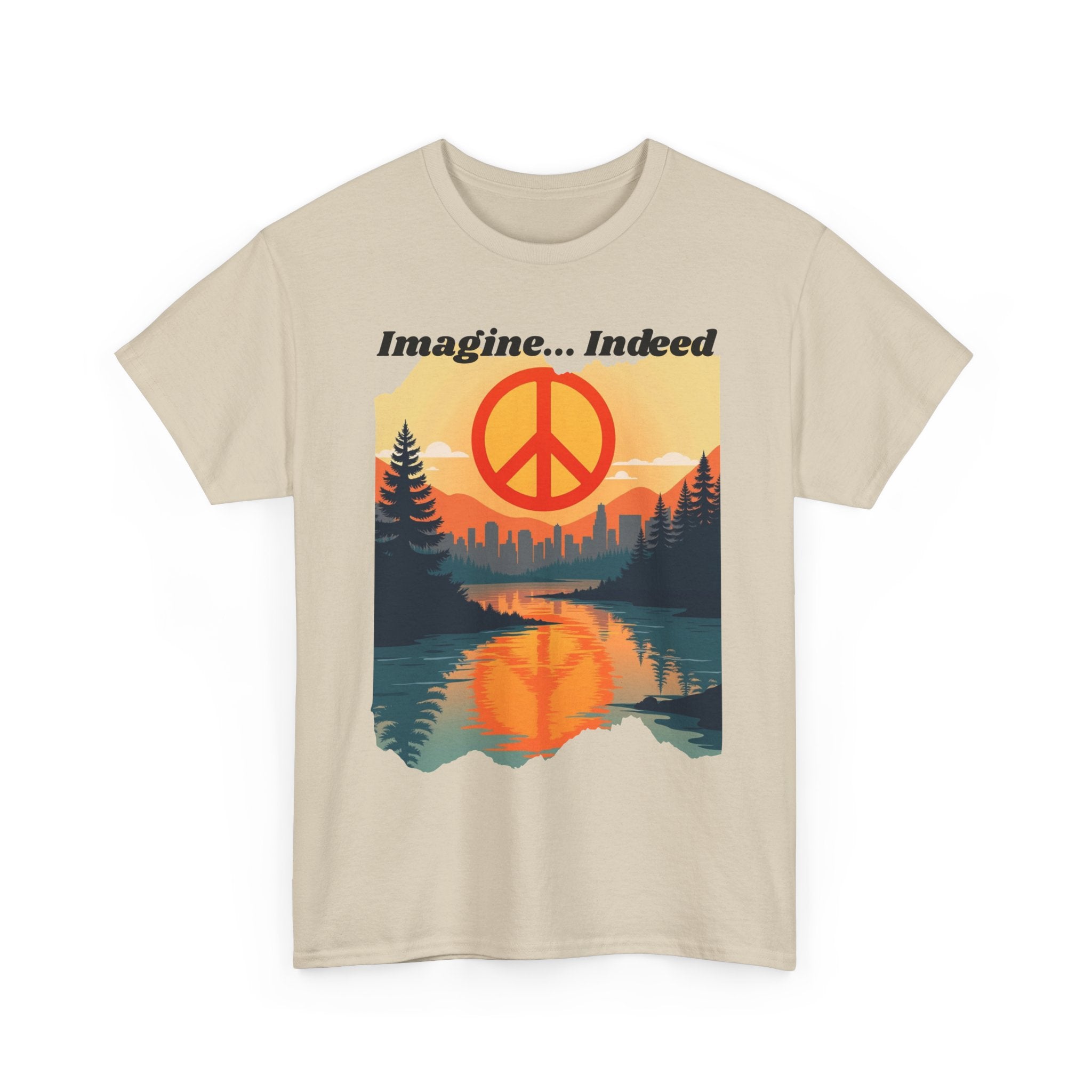 Imagine… Indeed Peace T-Shirt | Sunrise Cityscape & Mountains Tee 🌅✌️