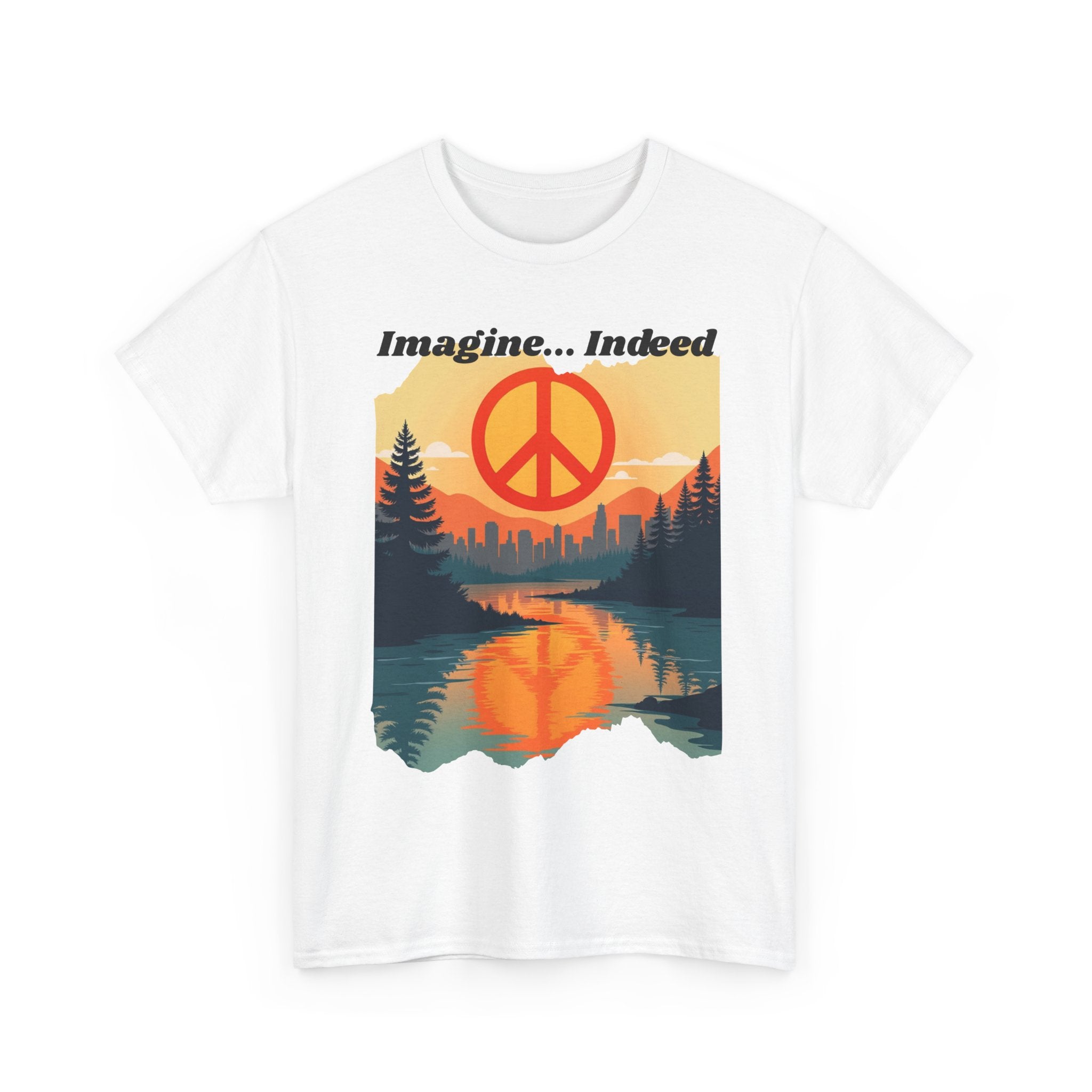 Imagine… Indeed Peace T-Shirt | Sunrise Cityscape & Mountains Tee 🌅✌️