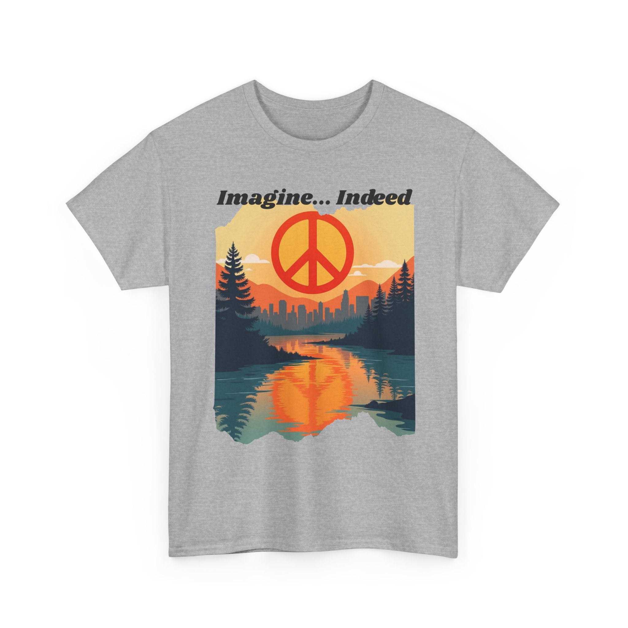 Imagine… Indeed Peace T-Shirt | Sunrise Cityscape & Mountains Tee 🌅✌️