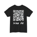 Black t-shirt with a QR code and 'SCAN ME' text
