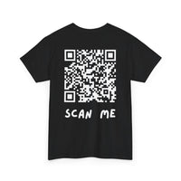 Black t-shirt with a QR code and 'SCAN ME' text