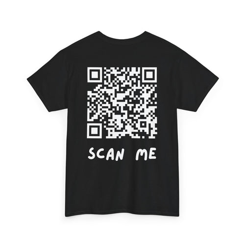 Black t-shirt with a QR code and 'SCAN ME' text