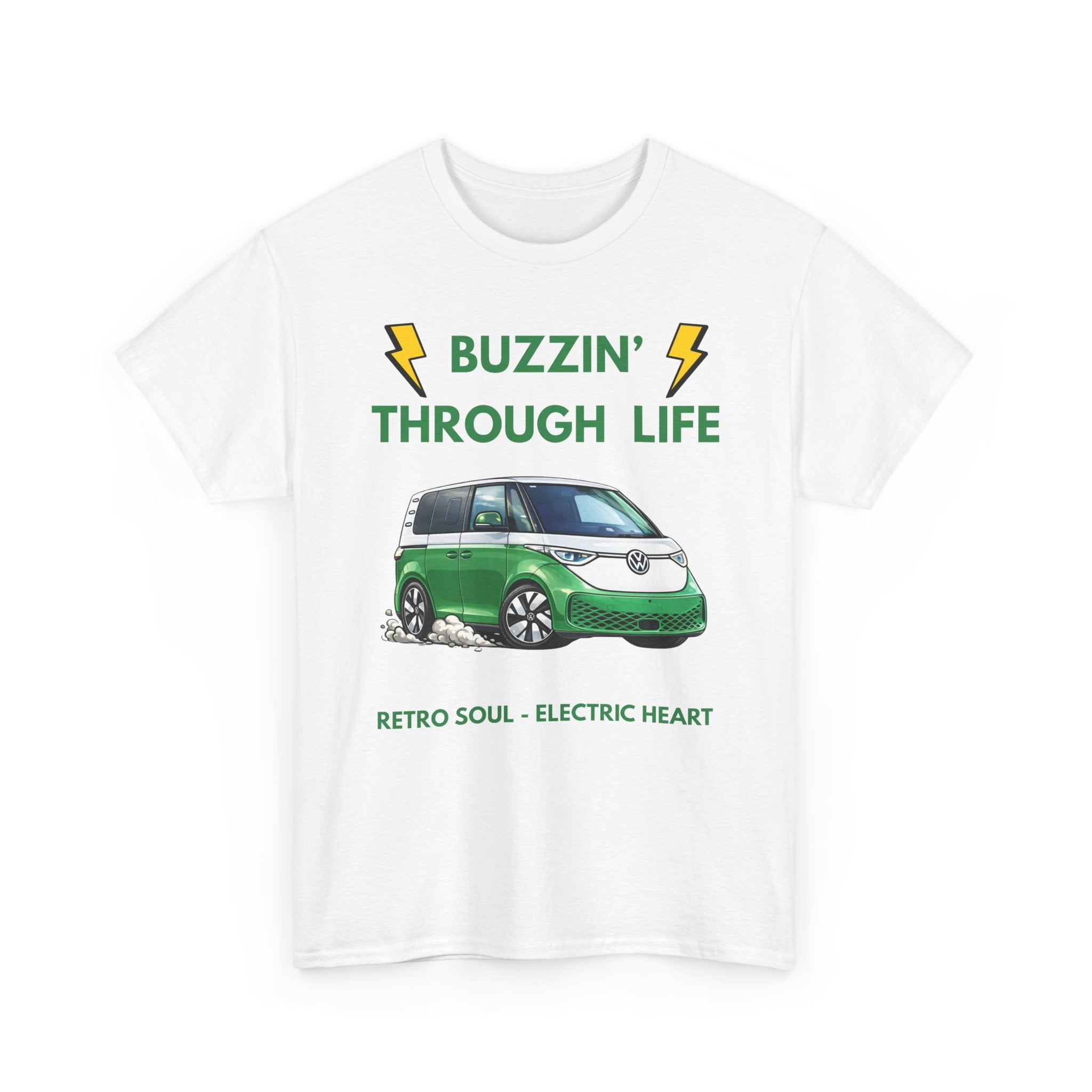 Buzzin' Through Life T-Shirt | Retro Soul Electric Heart Tee in Green/White 🚌⚡