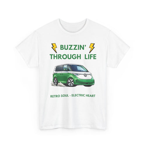 Buzzin' Through Life T-Shirt | Retro Soul Electric Heart Tee in Green/White 🚌⚡