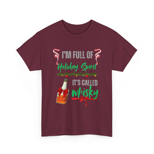 Maroon t-shirt with Christmas-themed text and bottle graphic