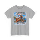 Gray t-shirt with a graphic design featuring a man and dog on a boat with text 'The Ending is the Same for Everyone. Enjoy the Middle.