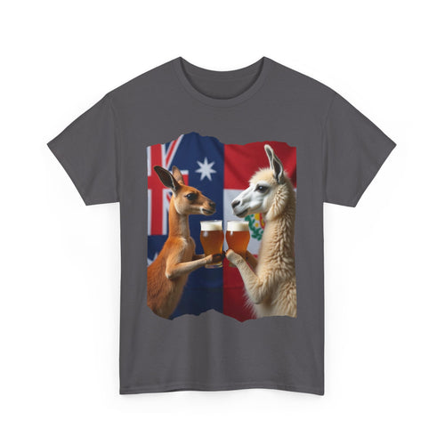 Kangaroo vs Llama Beer Clink T-Shirt | Australia Meets Peru Tee 🐾🍺