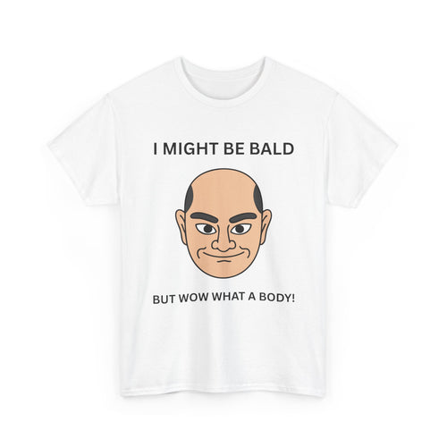 White t-shirt with a graphic of a bald head and text