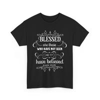 Black Religious t-shirt with white text and design on a white background
