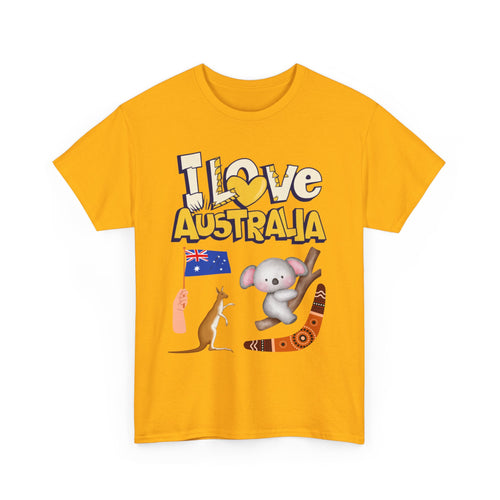I Love Australia T-Shirt – Iconic Aussie Koala, Kangaroo, Flag & Boomerang Design