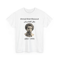 White t-shirt with a portrait and text of Ahmad Shah Massoud