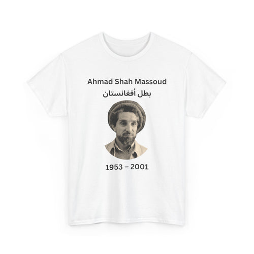 White t-shirt with a portrait and text of Ahmad Shah Massoud