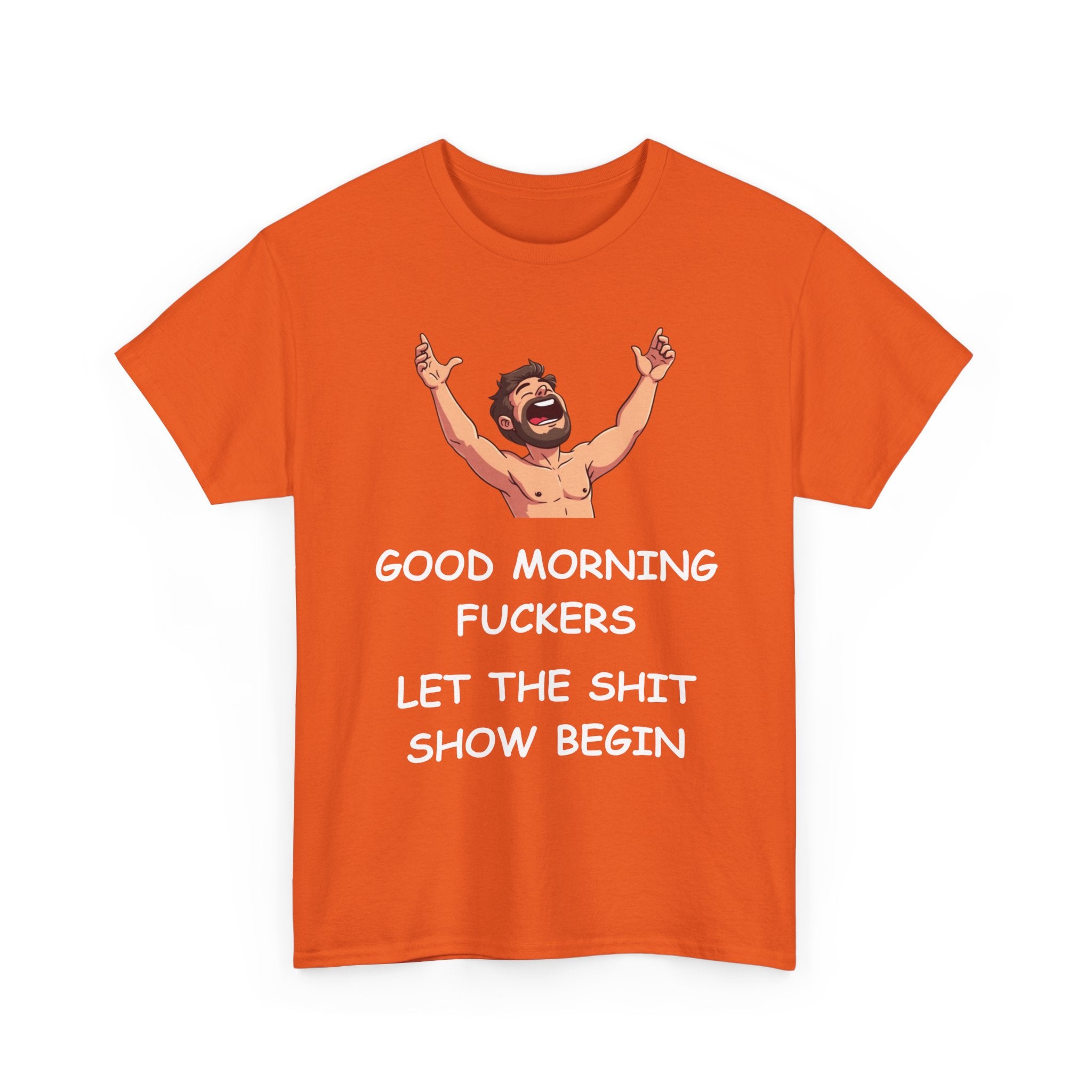 Orange t-shirt with funny graphic and text