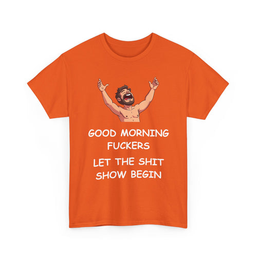 Orange t-shirt with funny graphic and text