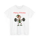 White t-shirt with a cartoon elf lifting weights and 'Merry Fitness' text