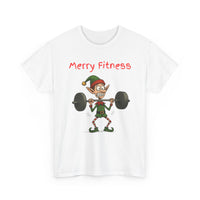 White t-shirt with a cartoon elf lifting weights and 'Merry Fitness' text