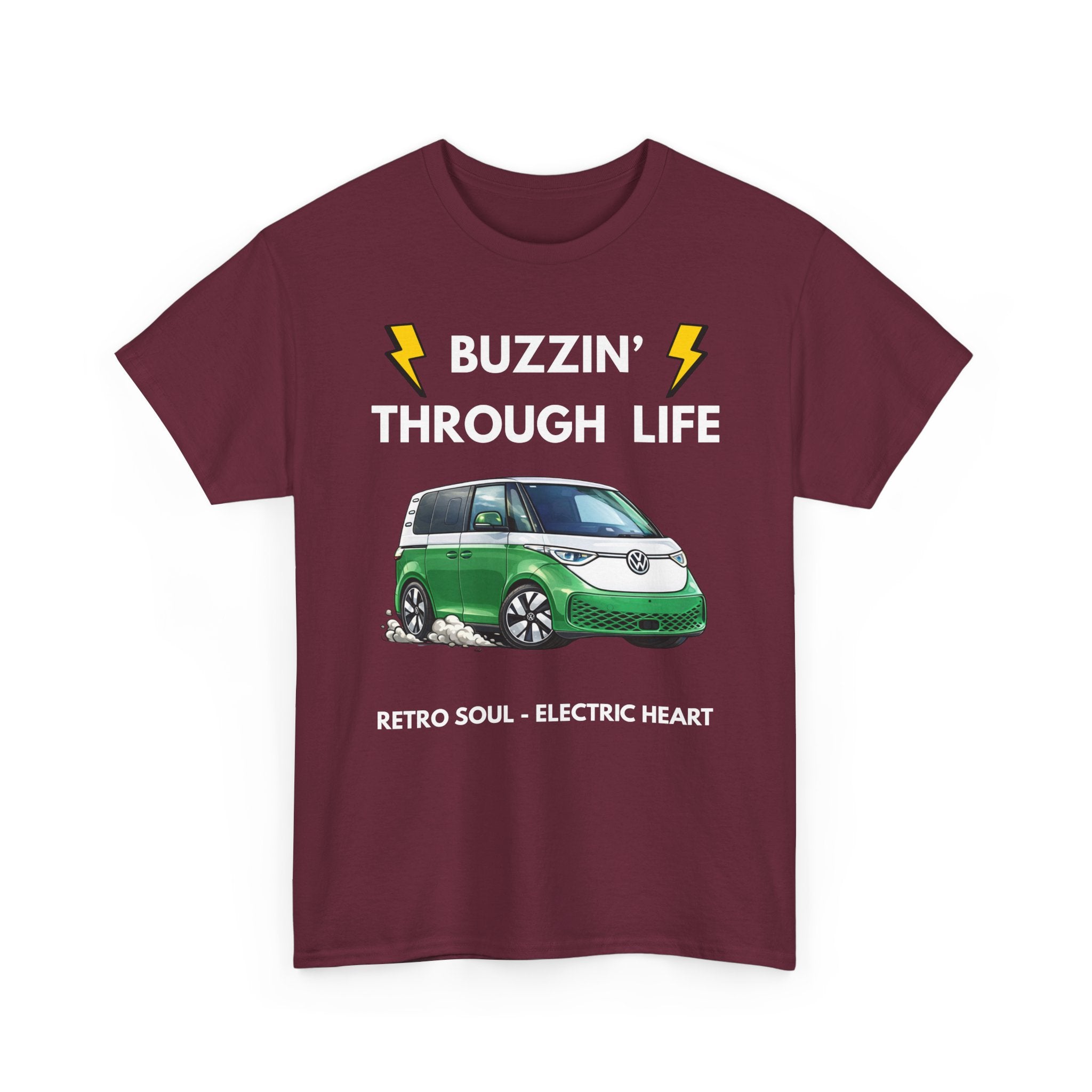 Buzzin' Through Life T-Shirt | Retro Soul Electric Heart Tee in Green/White 🚌⚡