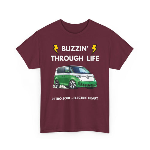 Buzzin' Through Life T-Shirt | Retro Soul Electric Heart Tee in Green/White 🚌⚡