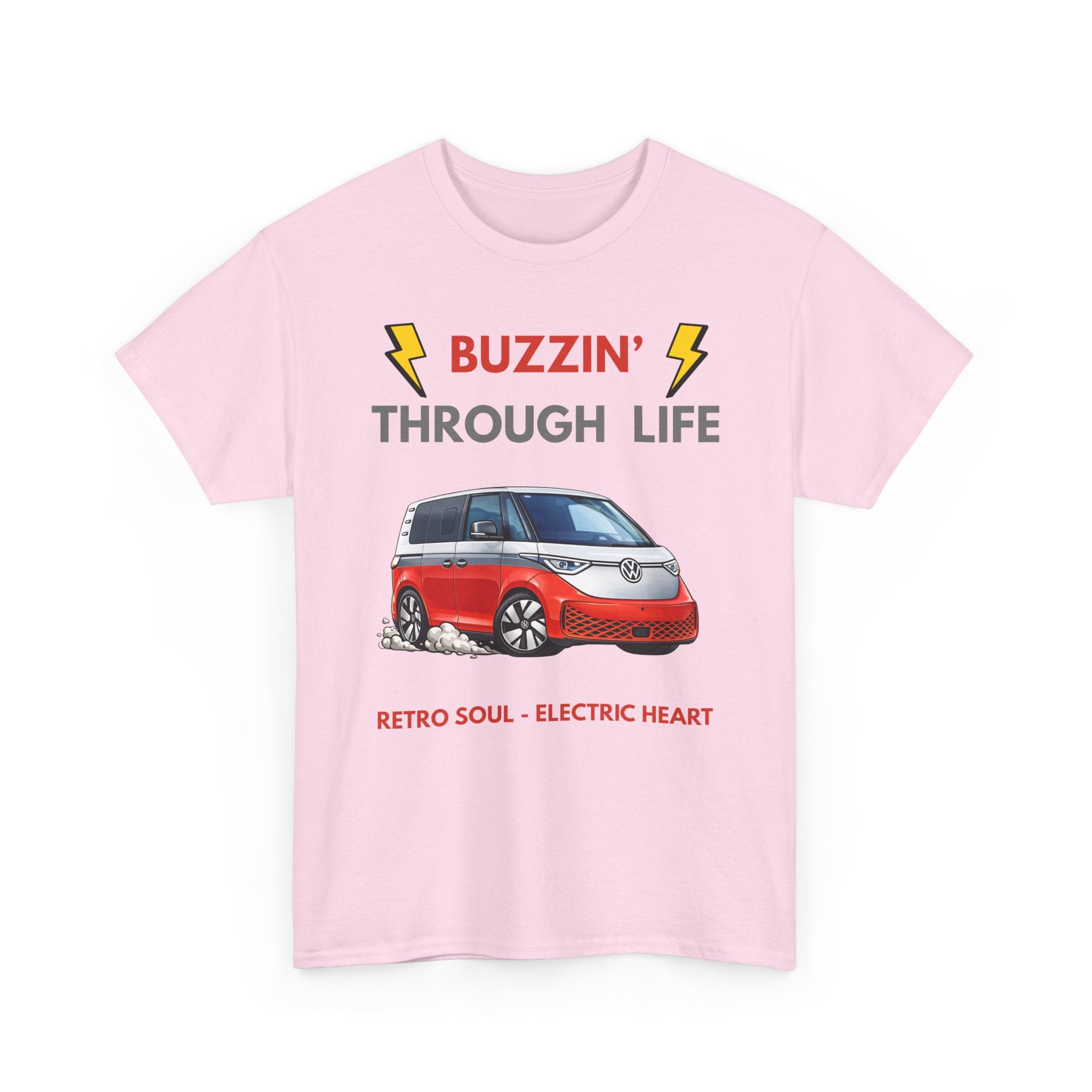 Buzzin' Through Life T-Shirt | Retro Soul Electric Heart Tee in Red/Silver 🚌⚡