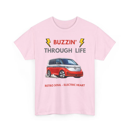 Buzzin' Through Life T-Shirt | Retro Soul Electric Heart Tee in Red/Silver 🚌⚡