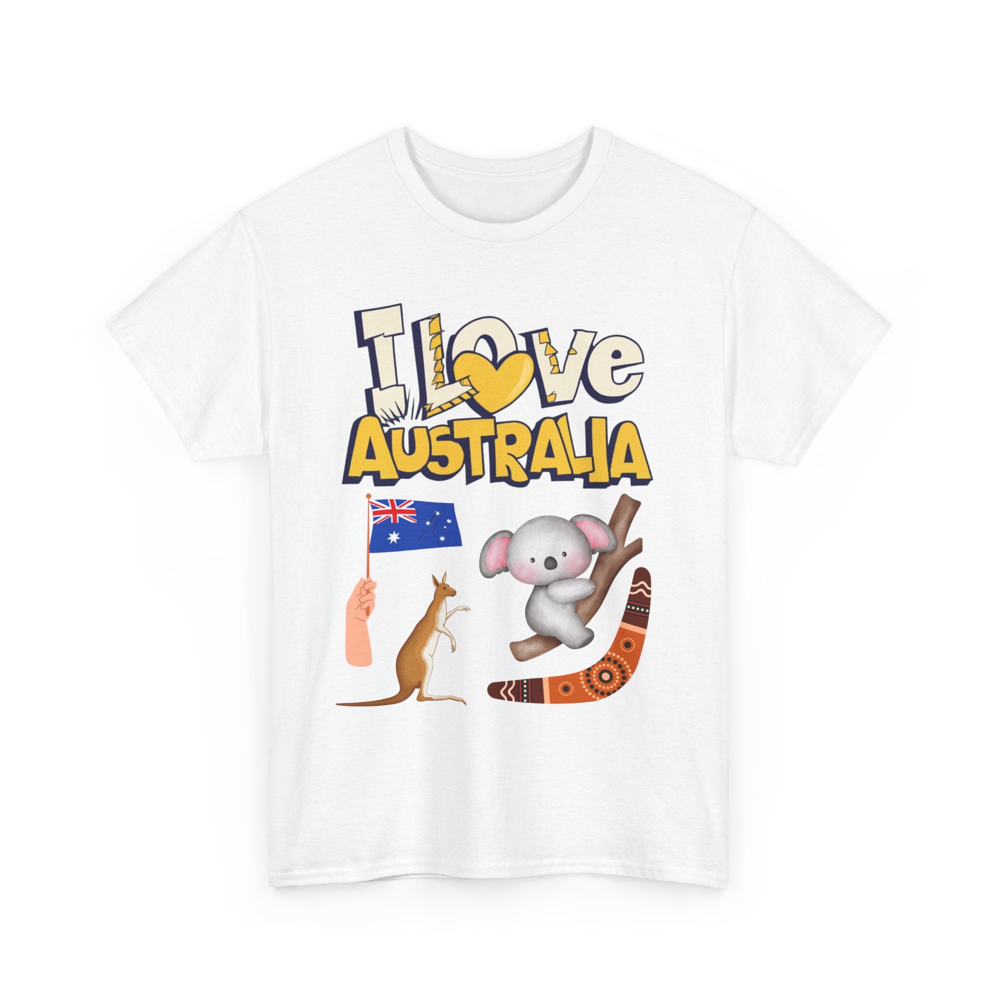 I Love Australia T-Shirt – Iconic Aussie Koala, Kangaroo, Flag & Boomerang Design