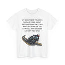White t-shirt with humorous text and motorcycle graphic 