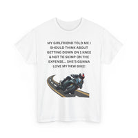 White t-shirt with humorous text and motorcycle graphic 