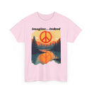 Pink t-shirt with a peace symbol design and 'Imagine... Indeed' 