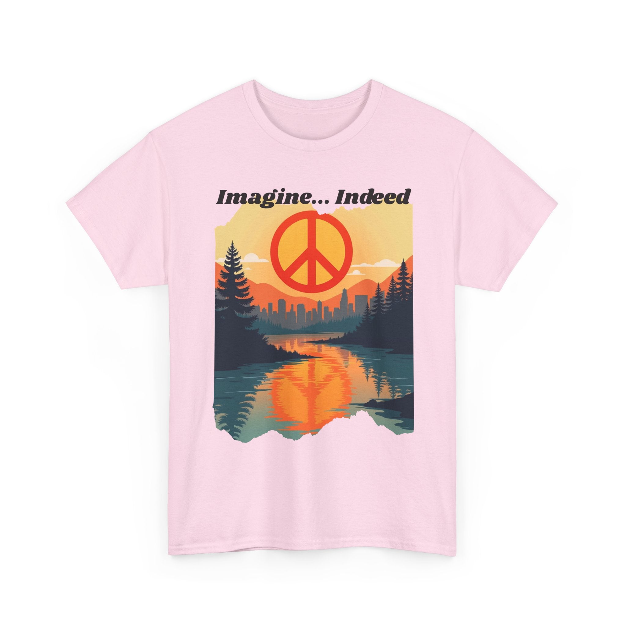 Imagine… Indeed Peace T-Shirt | Sunrise Cityscape & Mountains Tee 🌅✌️