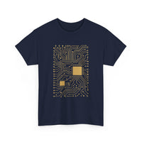 Navy blue t-shirt with gold circuit board design 