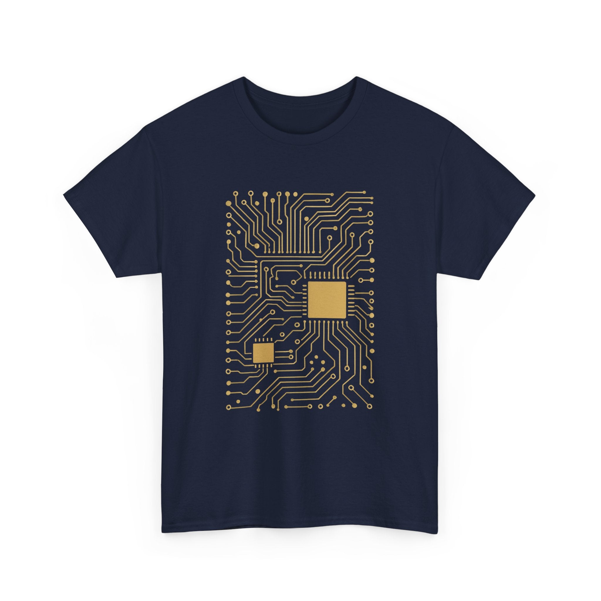 Navy blue t-shirt with gold circuit board design 