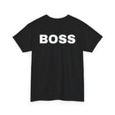 Black t-shirt with 'BOSS' printed on the back