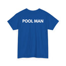 Blue t-shirt with 'POOL MAN' text on the back