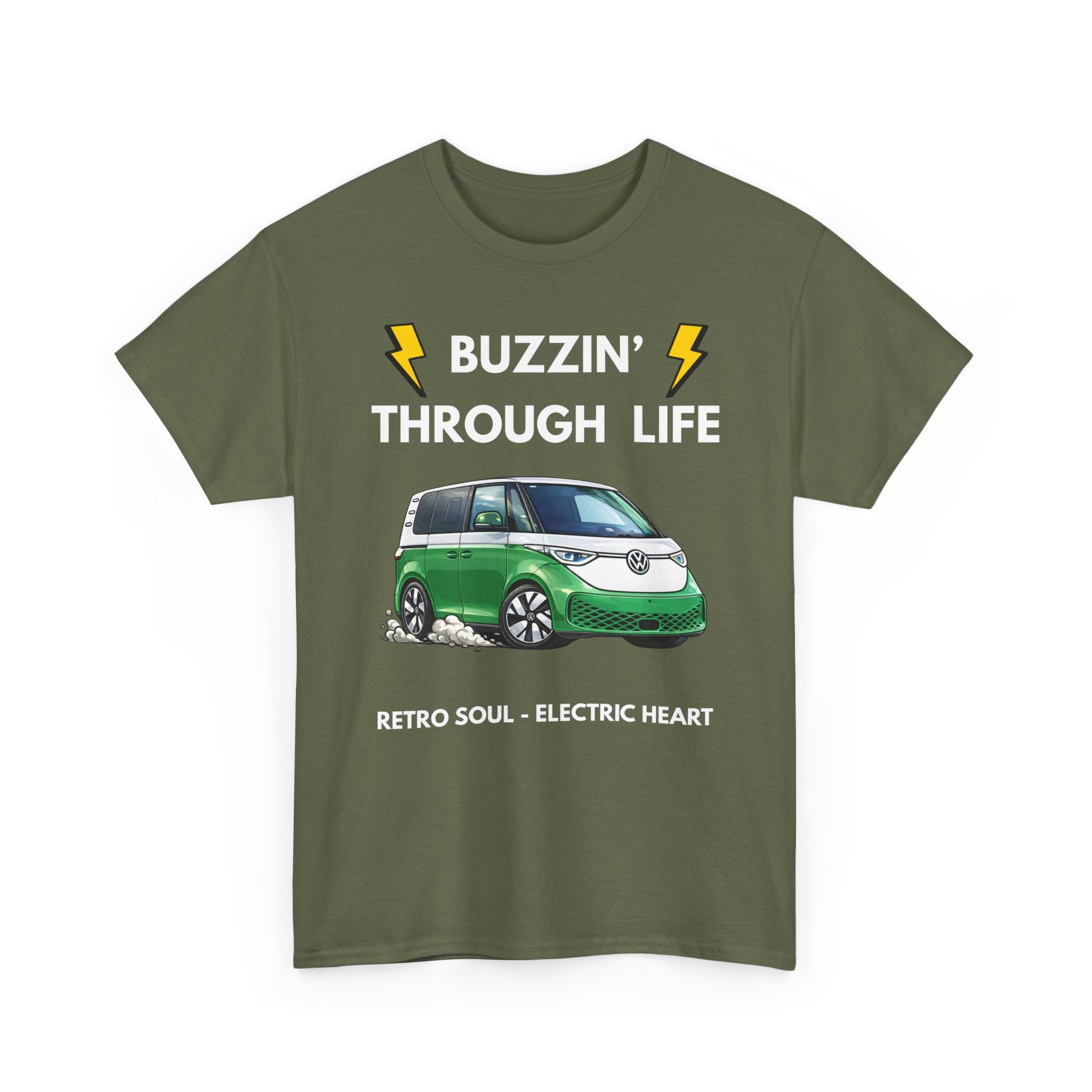 Buzzin' Through Life T-Shirt | Retro Soul Electric Heart Tee in Green/White 🚌⚡