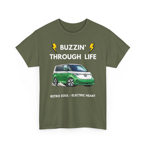 Buzzin' Through Life T-Shirt | Retro Soul Electric Heart Tee in Green/White 🚌⚡