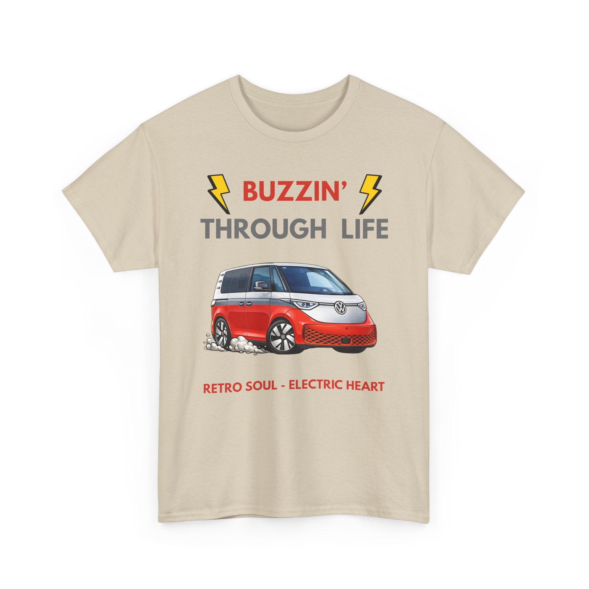 Buzzin' Through Life T-Shirt | Retro Soul Electric Heart Tee in Red/Silver 🚌⚡
