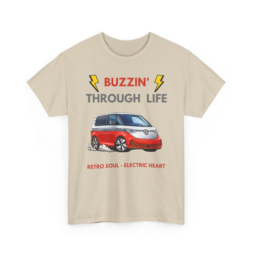 Buzzin' Through Life T-Shirt | Retro Soul Electric Heart Tee in Red/Silver 🚌⚡