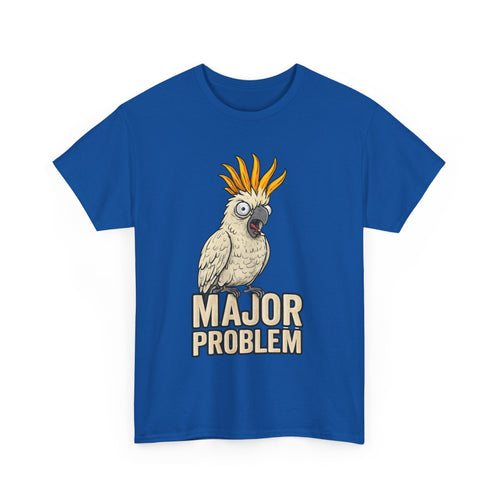 Blue t-shirt with a cartoon parrot and 'Major Problem' text