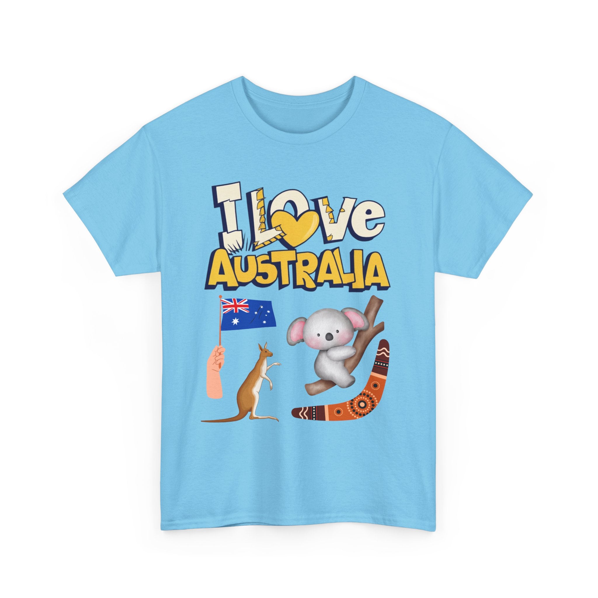 I Love Australia T-Shirt – Iconic Aussie Koala, Kangaroo, Flag & Boomerang Design