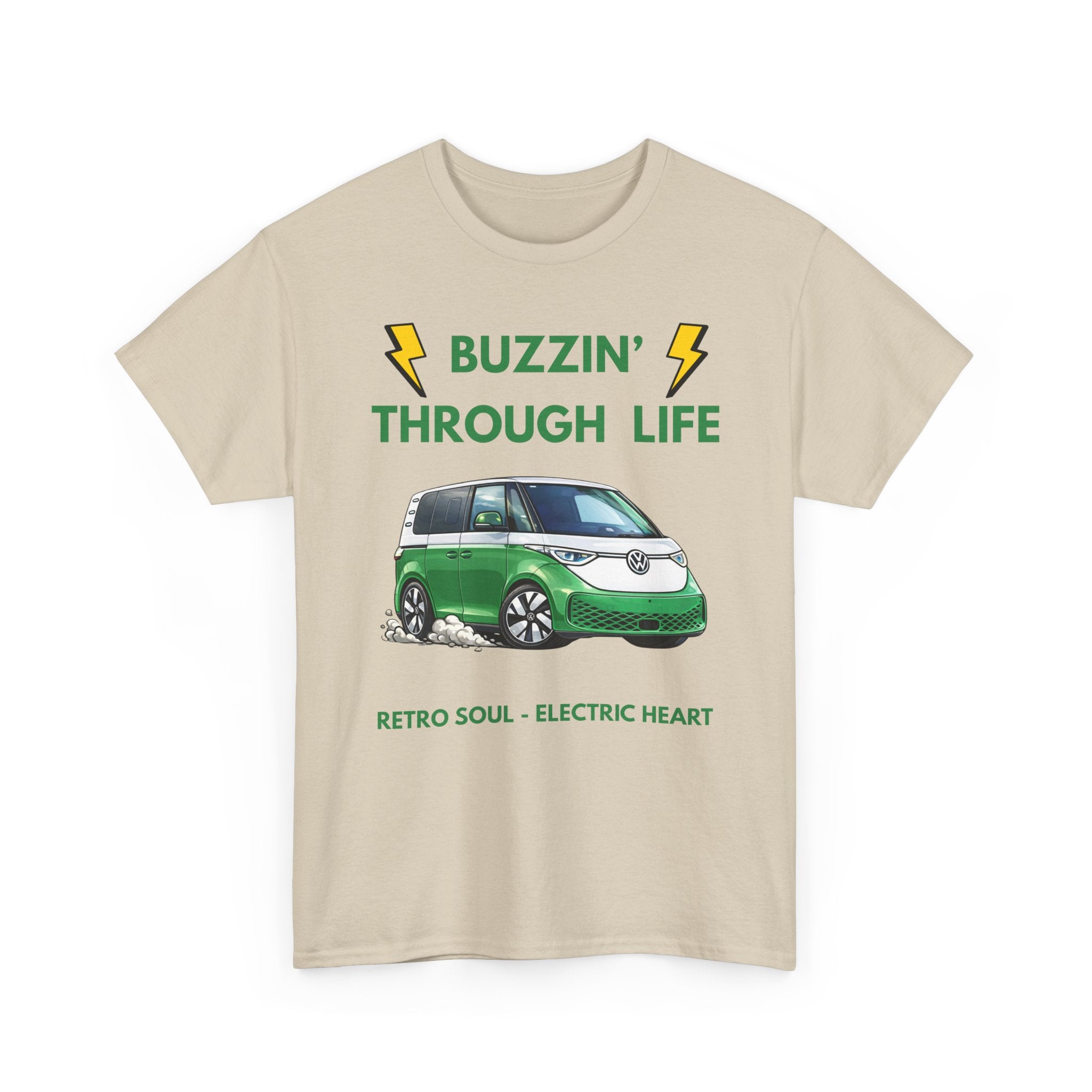 Buzzin' Through Life T-Shirt | Retro Soul Electric Heart Tee in Green/White 🚌⚡