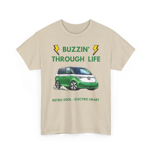 Buzzin' Through Life T-Shirt | Retro Soul Electric Heart Tee in Green/White 🚌⚡