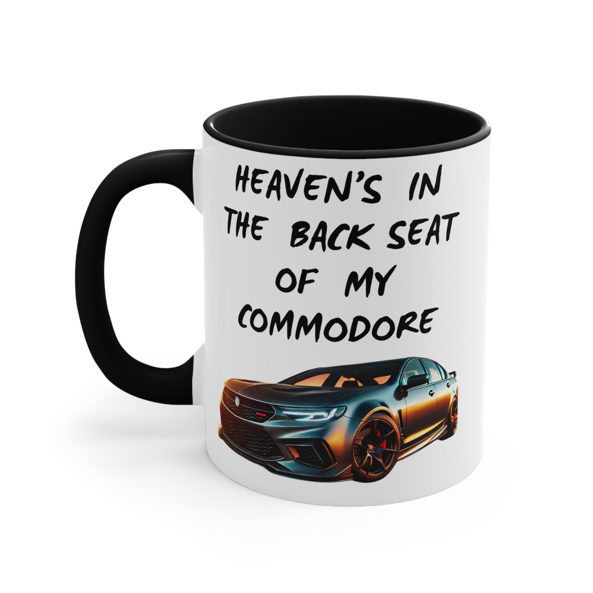 Mug with car design and text 'Heaven's in the back seat of my Commodore' 