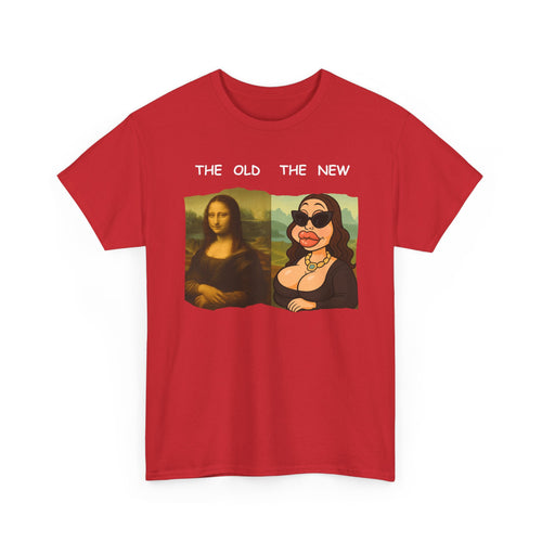 Red t-shirt with Mona Lisa graphic and text 'The Old The New' 
