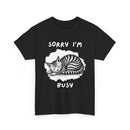 Black t-shirt with a cat silhouette and 'Sorry I'm Busy' text