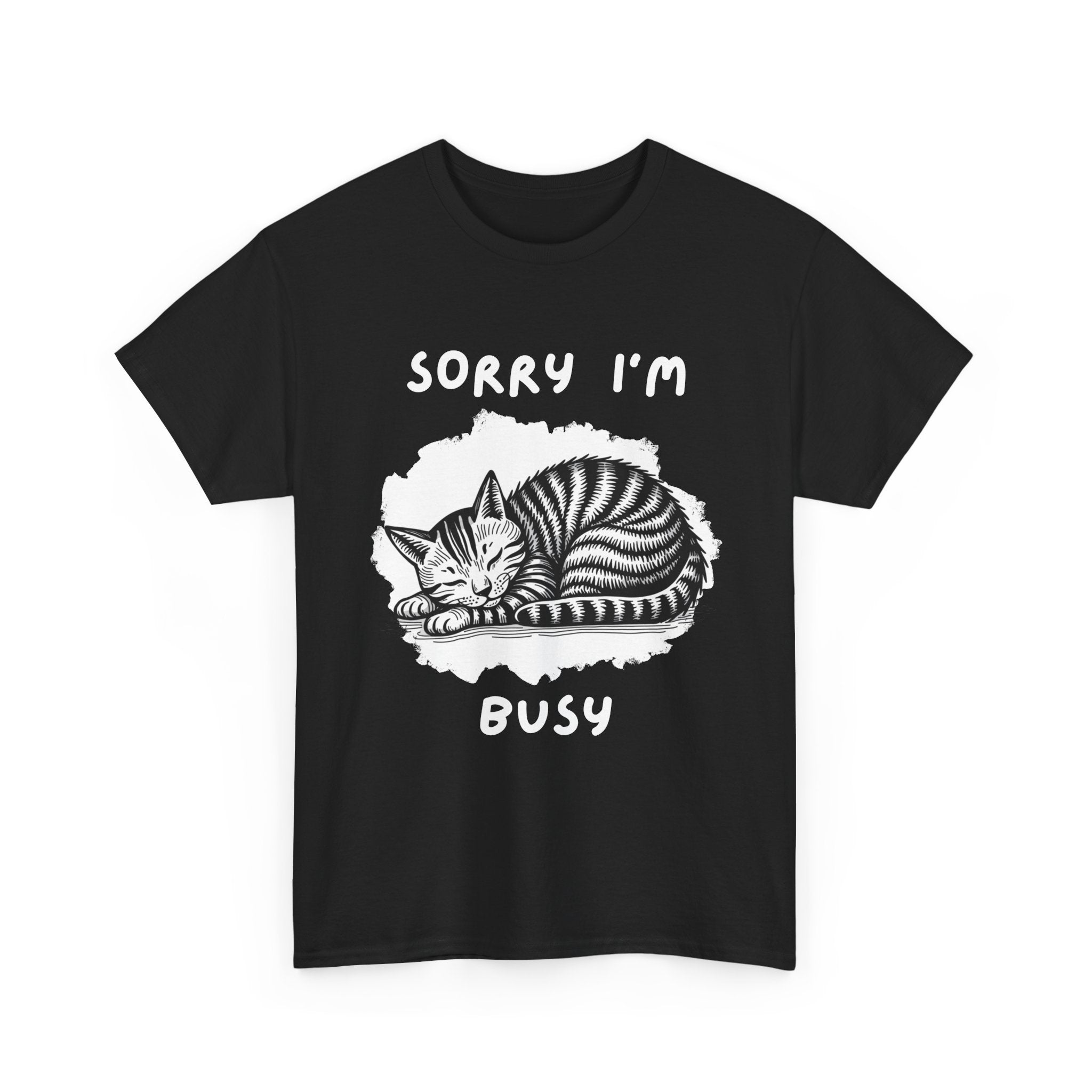 Black t-shirt with a cat silhouette and 'Sorry I'm Busy' text