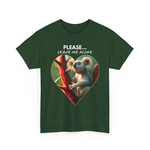 Green t-shirt with a koala graphic and text 'PLEASE... LEAVE ME ALONE' 