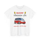 White ID Buzz t-shirt with a red silver van graphic and text