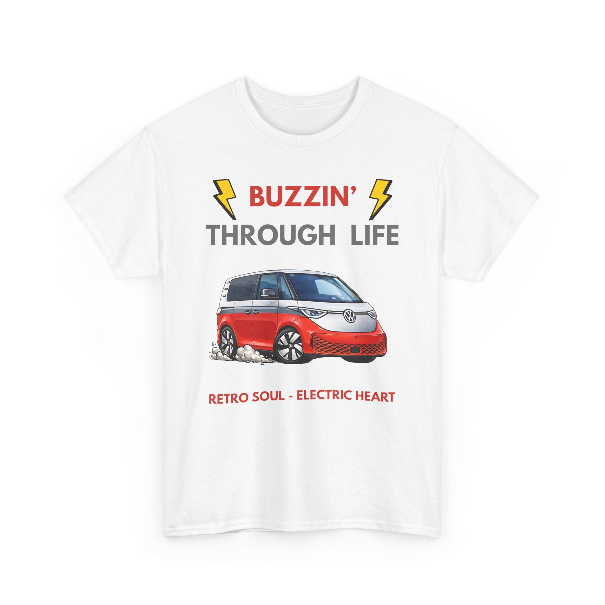 White ID Buzz t-shirt with a red silver van graphic and text